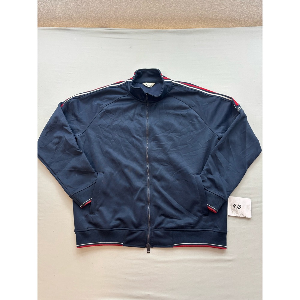 Ben Sherman Mens XL Navy Blue Track Jacket Full Zip Red White Stripe Mock Neck